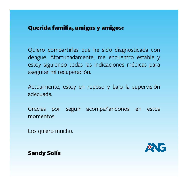 Sandy Solís en recuperación tras ser diagnosticada con dengue