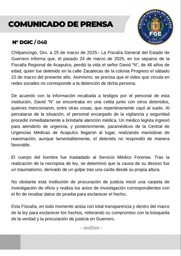 Mu3rt3 en custodia: Fiscalía de Guerrero investiga el dec3so de un detenid0 por ministeriales en Acapulco